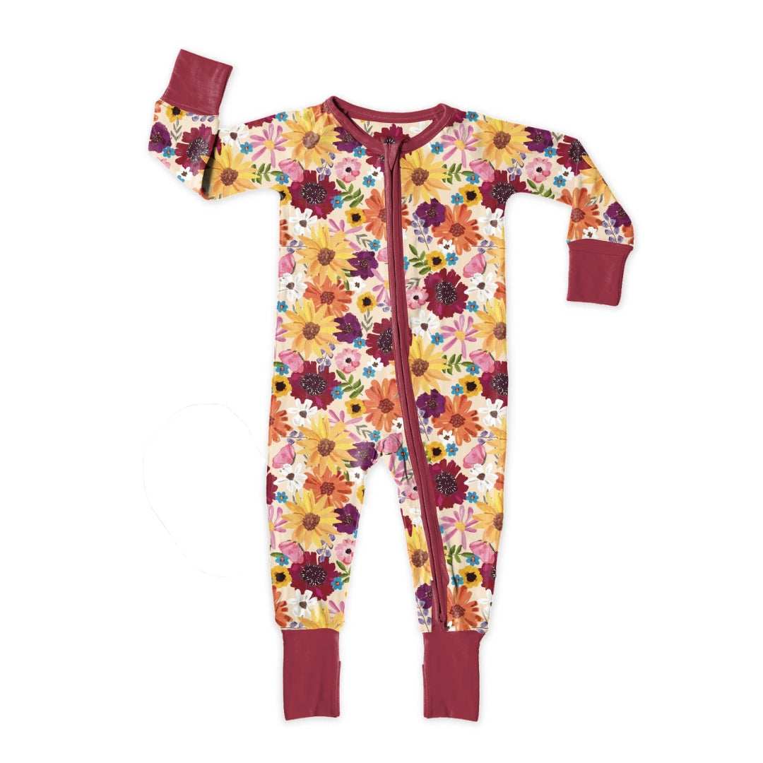 (Custom Design Preorder MOQ 20) Colorful Flowers Print Baby Girls Fall Bamboo Sleeper Zipper Romper
