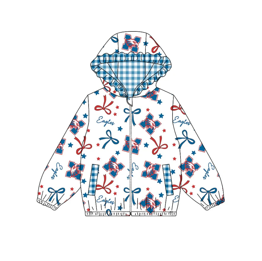(Custom Design Preorder MOQ 5) Team's EAGLES Bows Print Pockets Girls Long Sleeve Zipper Jackets Top