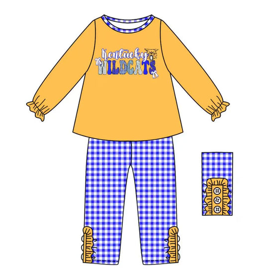 (Custom Design Preorder MOQ 5) Team's WILDCATS Yellow Top Plaid Pants Girls Fall Clothes Set