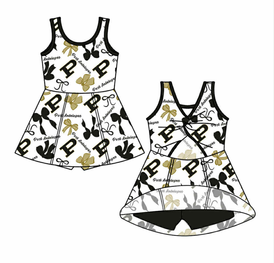 (Custom Design Preorder MOQ 5 ) Team's PURDUE Bows Print Shorts Skirts Girls Summer Yoga Dress