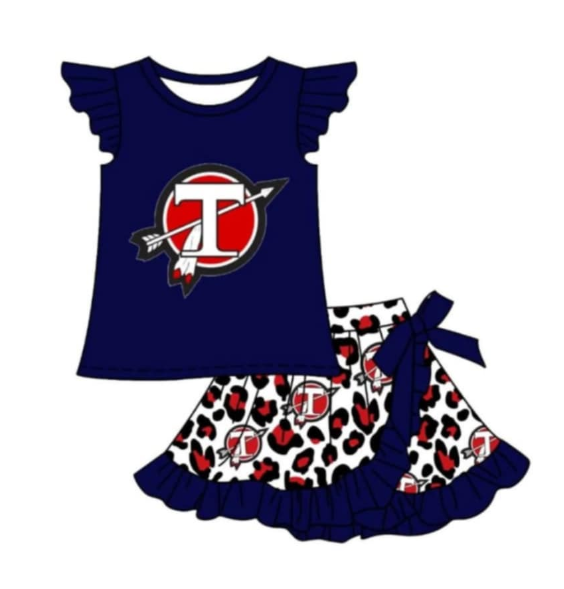(Custom Design Preorder MOQ 5) Team's T Navy Leopard Print Skirts Shorts Girls Summer Clothes Set