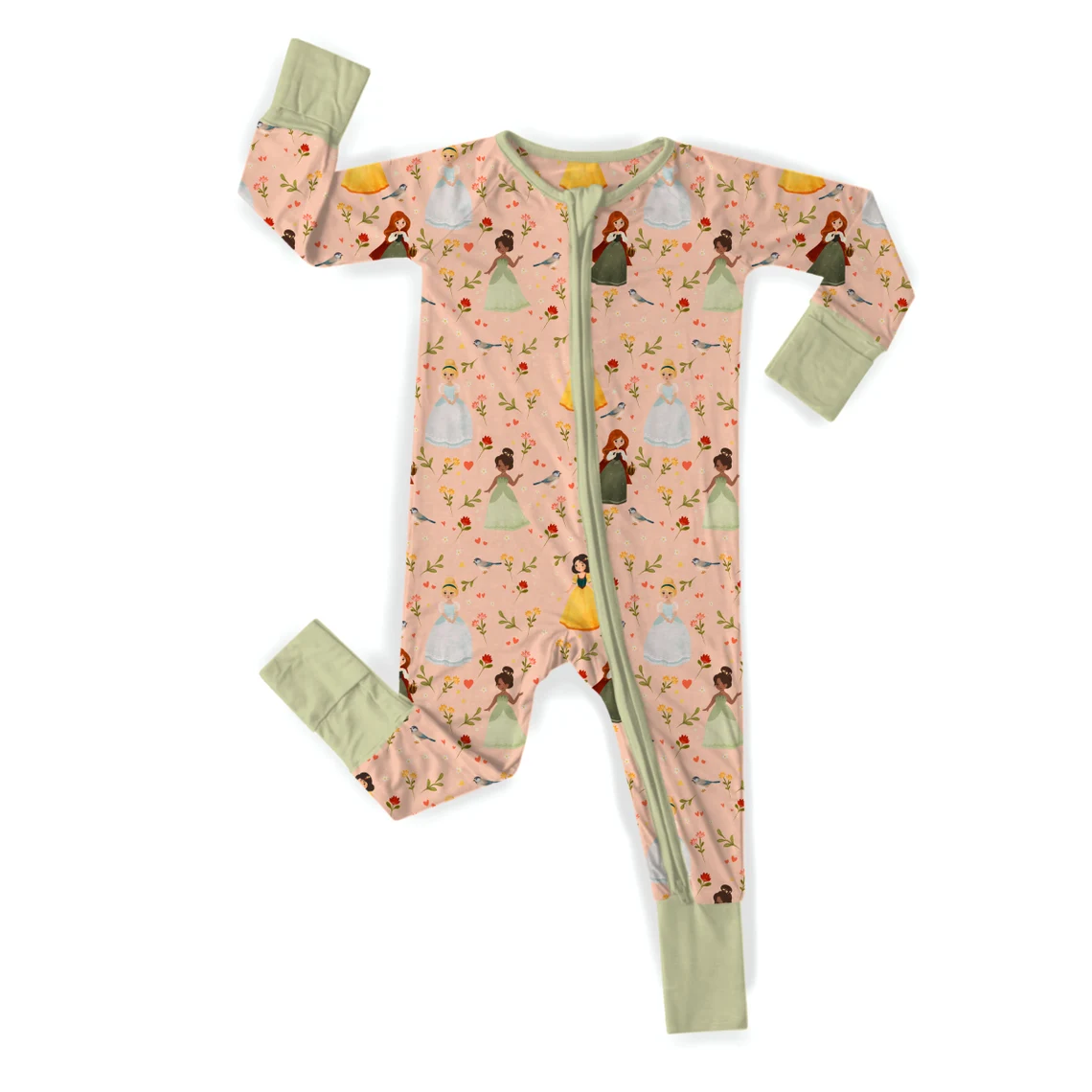 (Custom Design Preorder MOQ 20) Cartoon Princess Flowers Print Baby Girls Fall Bamboo Sleeper Zipper Romper