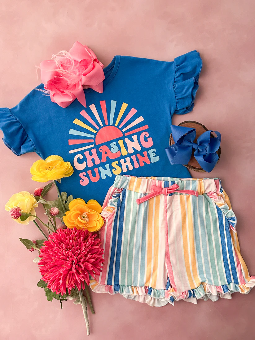 (Custom Design Preorder MOQ 5) CHASING SUNSHION Top Stripesl Shorts Girls Summer Clothes Set