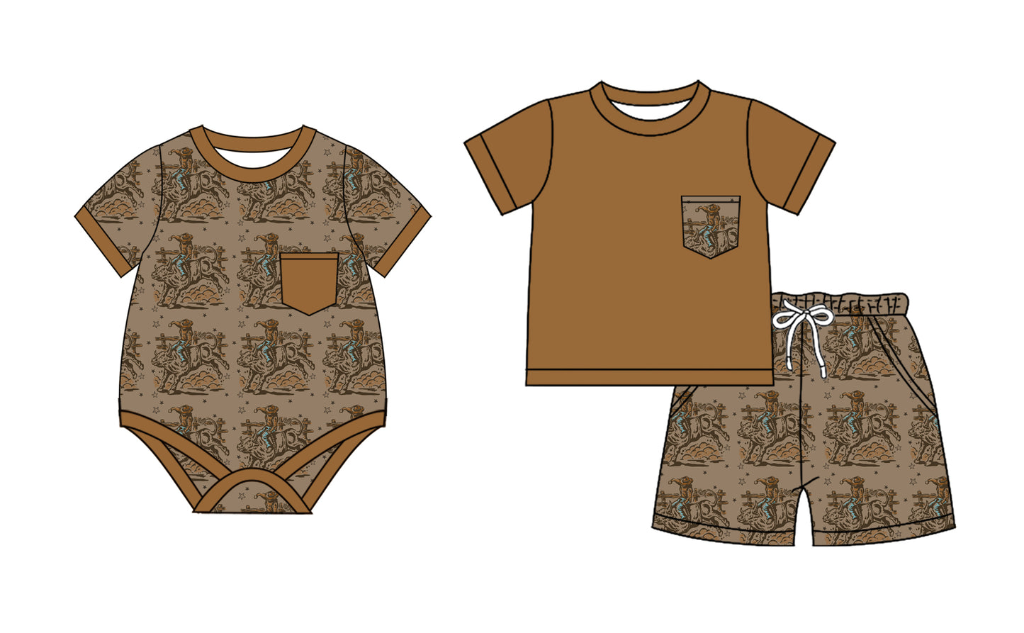 2.22(Custom Design Preorder MOQ 5 Each Design) Cowboys Brown Print Boys Summer Matching Clothes Brothers Wear