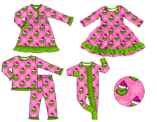 8.1(Custom Design Preorder MOQ 5 Each Design) Green Frog Pink Print Girls Christmas Matching Clothes Sisters Wear