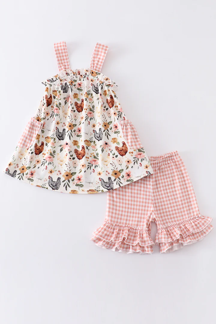 (Custom Design Preorder MOQ 5) Chicken Flowers Print Girls Pockets Summer Clothes Set