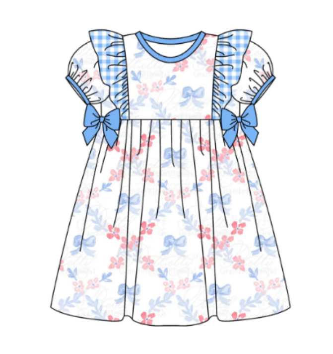 (Custom Design Preorder MOQ 5) Flowers Bows Print Girls 4th of July Knee Length Dress