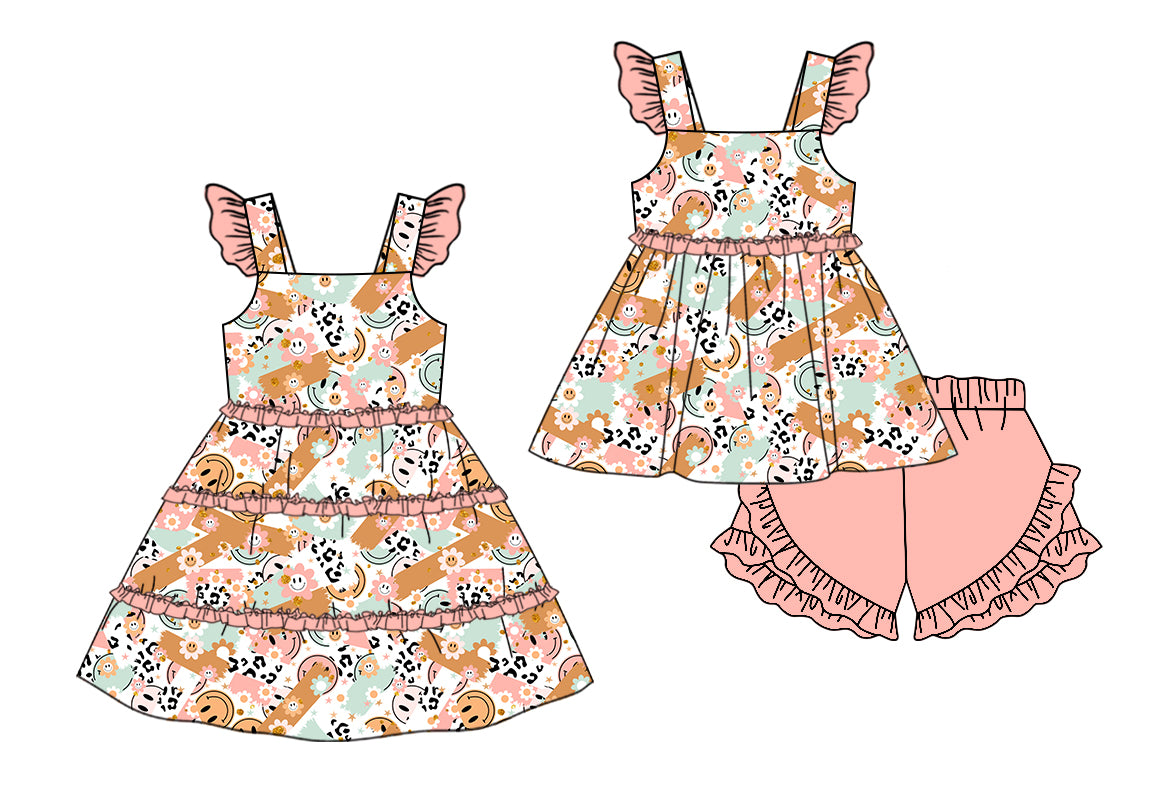11.9(Custom Design Preorder MOQ 5 Each Design) Smiling Face Flowers Print Girls Summer Matching Clothes Set Sisters Wear