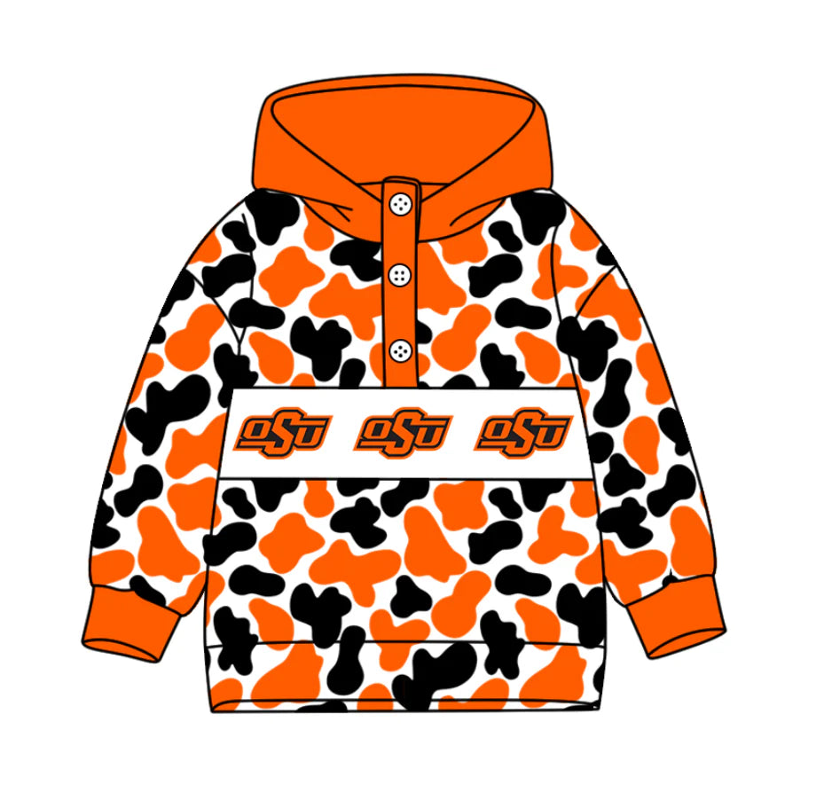 (Custom Design Preorder MOQ 5) Team's Oklahoma State Camo Print Kids Long Sleeve Buttons Hoodie Top
