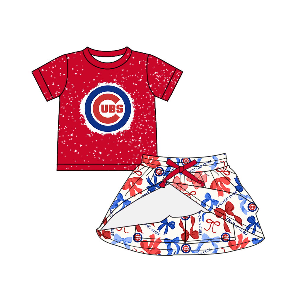 (Custom Design Preorder MOQ 5 Each Color) Team's CHICAGO CUBS Bows Print Girls Summer Clothes Sisters Matching Wear