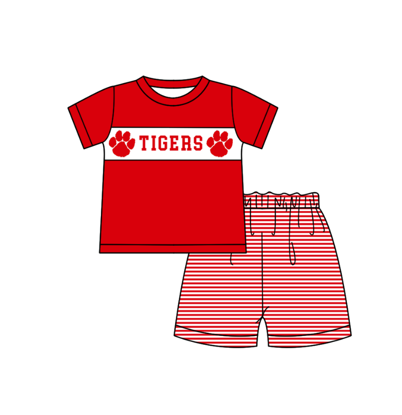 (Custom Design Preorder MOQ 5 Each Item) Team's Tigers Red Paw Print Kids Summer Matching Clothes Sibling Wear