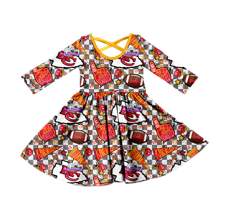 (Custom Design Preorder MOQ 5) Team's KC Yellow Print Girls Fall Knee Length Dress