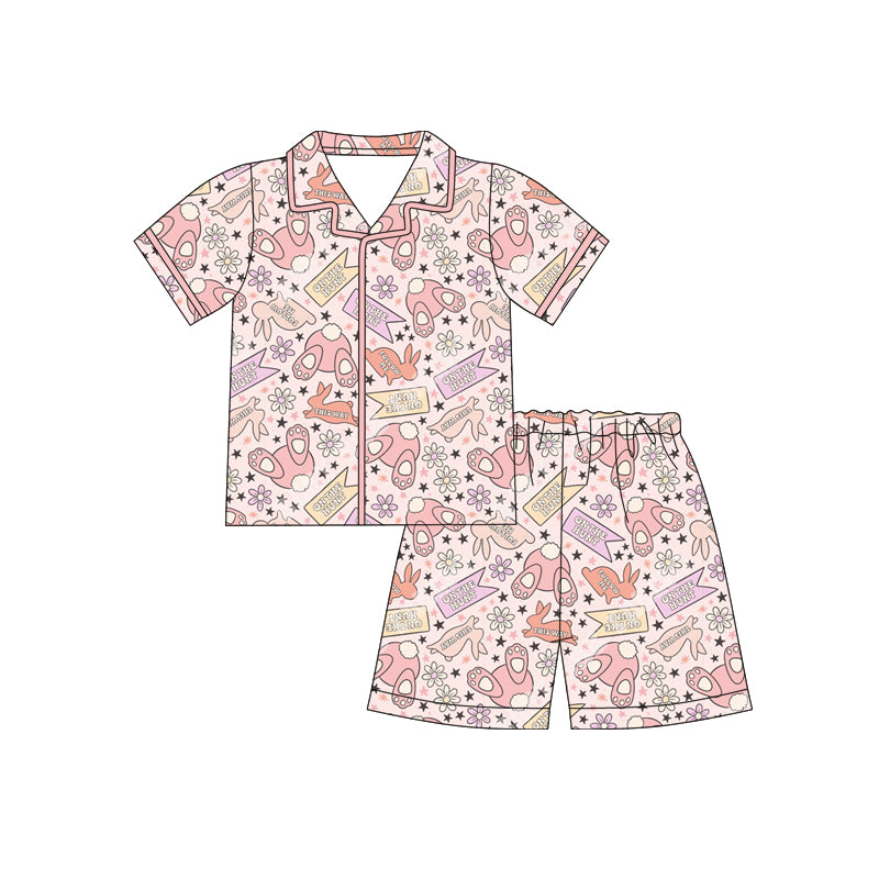 12.10 (Custom Design Preorder MOQ 5) Bunny Flowers Print Girls Easter Buttons Pajamas Clothes Set