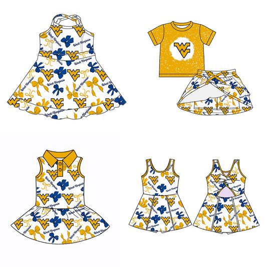 (Custom Design Preorder MOQ 5 Each Color) Team's West Virginia Mountaineers Bows Print Girls Summer Clothes Sisters Matching Wear
