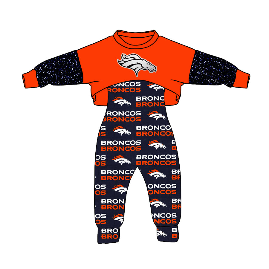 (Custom Design MOQ 5) NO.7 Dark Orange Football Team's Print Girls Jumpsuits Clothes Set