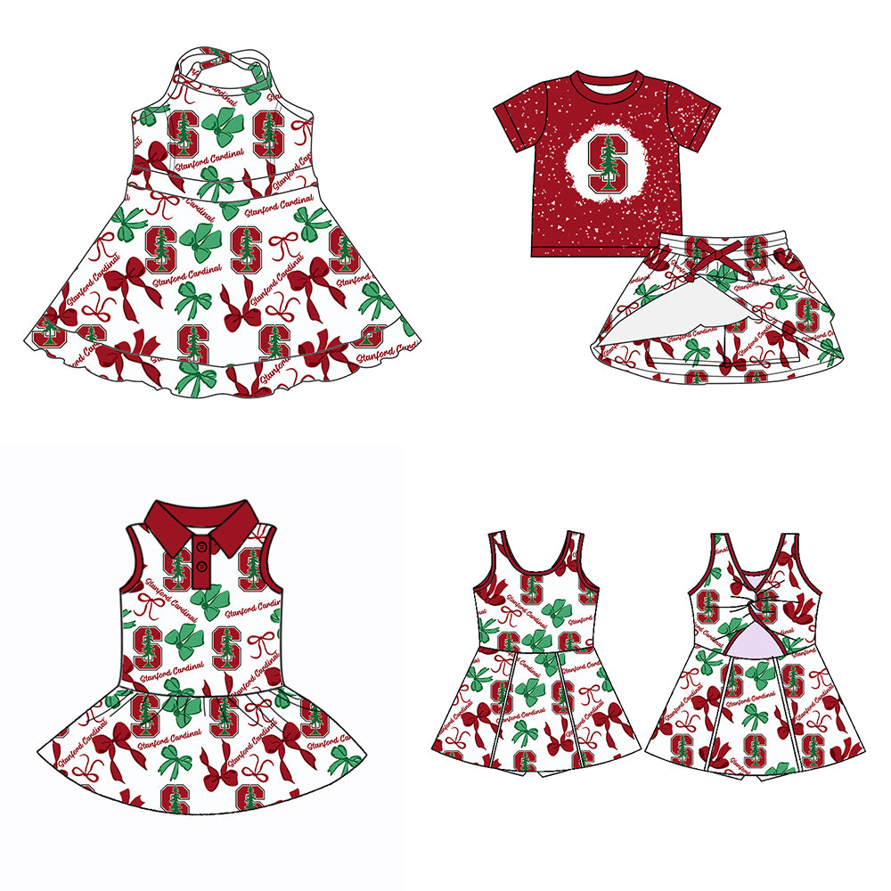 (Custom Design Preorder MOQ 5 Each Color) Team's Stanford Cardinal Bows Print Girls Summer Clothes Sisters Matching Wear
