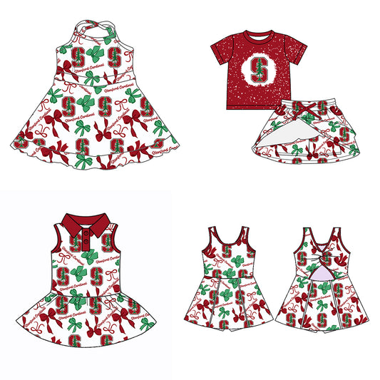 (Custom Design Preorder MOQ 5 Each Color) Team's Stanford Cardinal Bows Print Girls Summer Clothes Sisters Matching Wear
