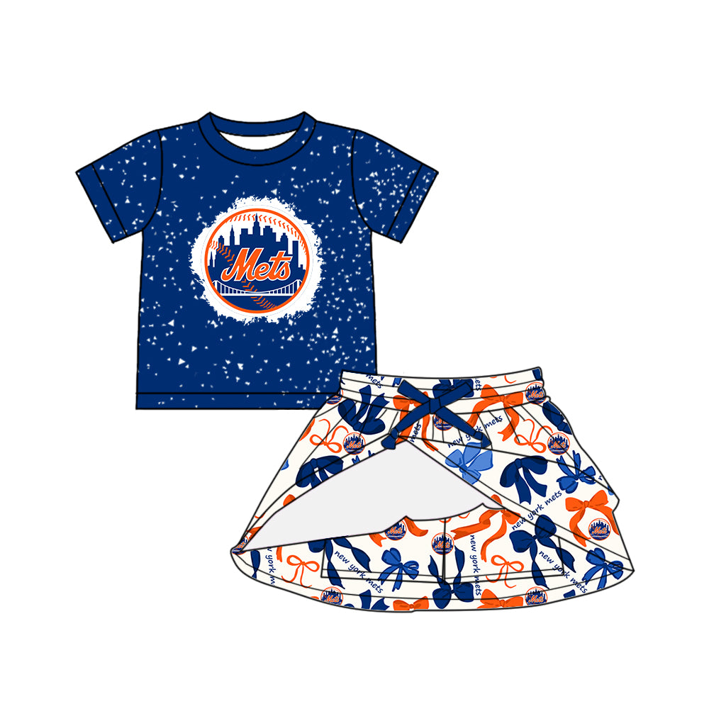 (Custom Design Preorder MOQ 5 Each Color) Team's NEW YORK METS Bows Print Girls Summer Clothes Sisters Matching Wear