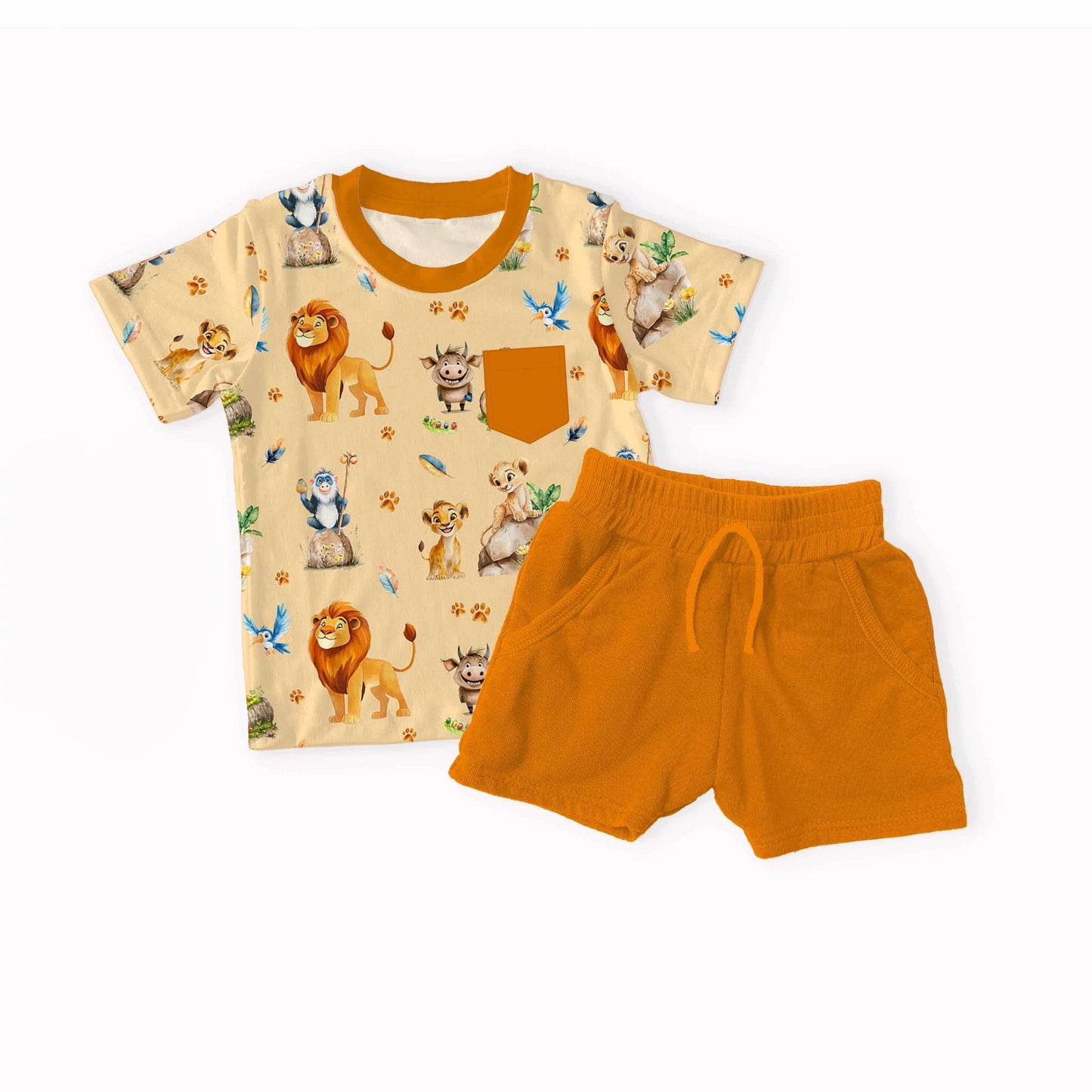 (Custom Design Preorder MOQ 5) Cartoon Lion Pocket Top Orange Shorts Boys Summer Clothes Set