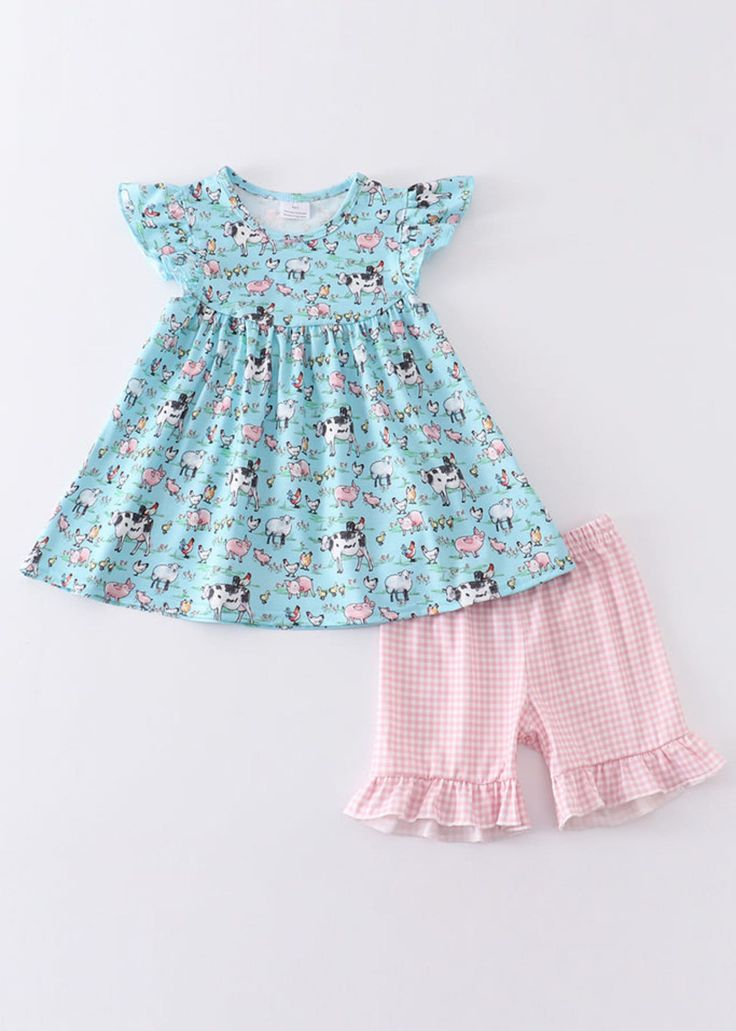(Custom Design Preorder MOQ 5) Farm Animals Top Pink Plaid Shorts Girls Summer Clothes Set