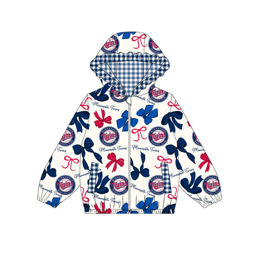 (Custom Design Preorder MOQ 5) Team's Twins Bows Print Pockets Girls Long Sleeve Zipper Jackets Top