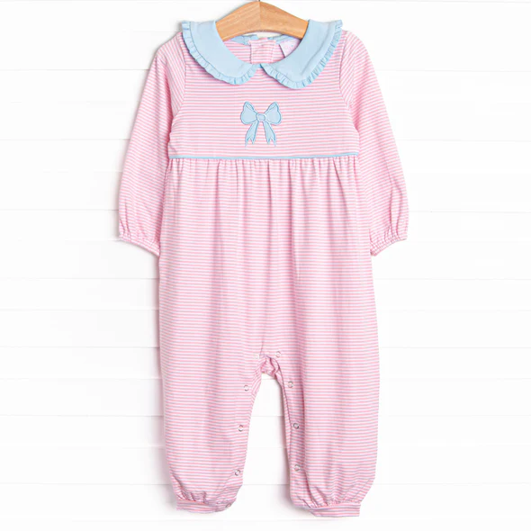 (Custom Design Preorder MOQ 5) Bow Pink Stripes Print Baby Girls Fall Romper
