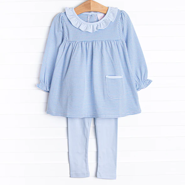 (Custom Design Preorder MOQ 5) Stripes Tunic Top Blue Pants Girls Fall Clothes Set