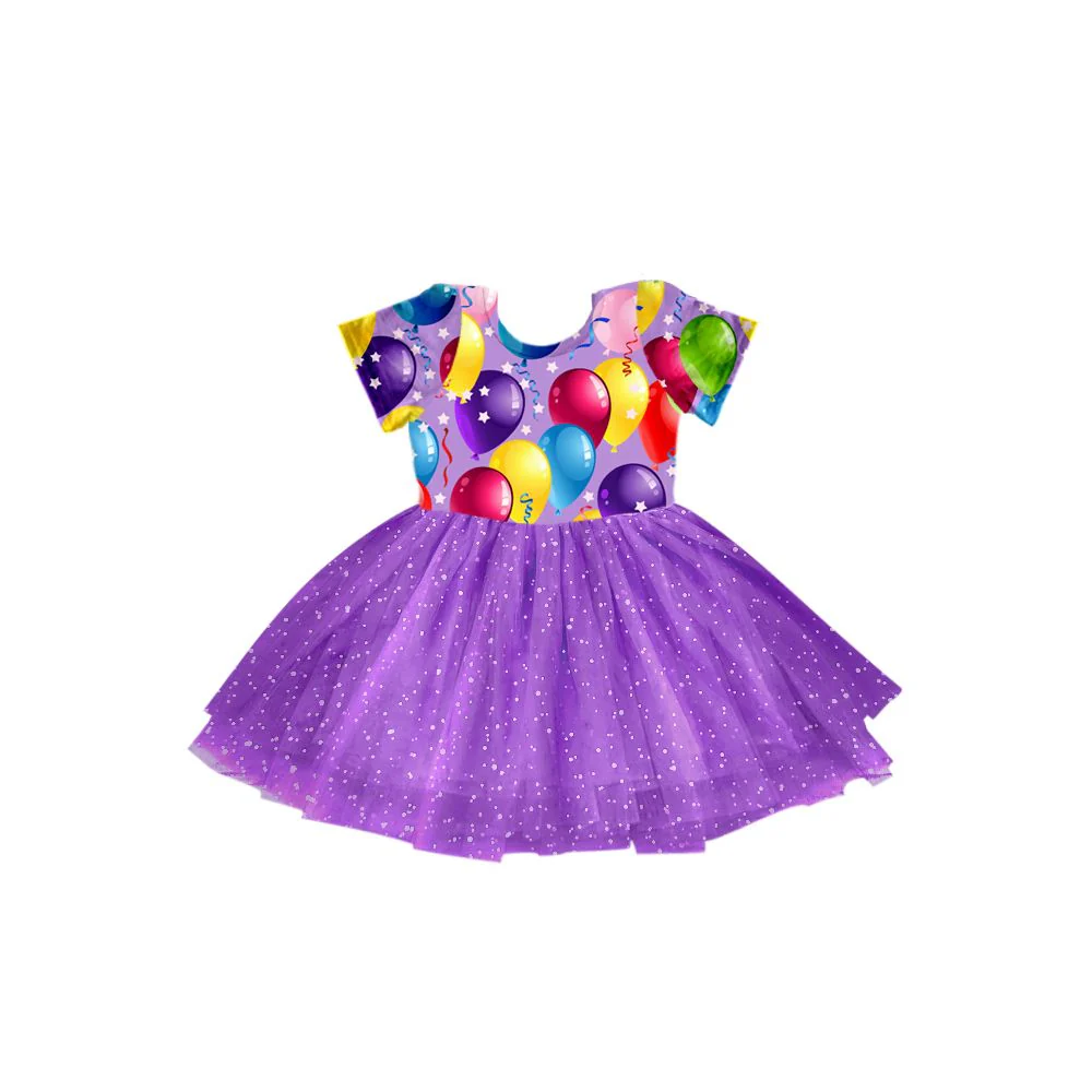 (Custom Design Preorder MOQ 5) Balloon Print Purple Tulle Girls Summer Knee Length Dress
