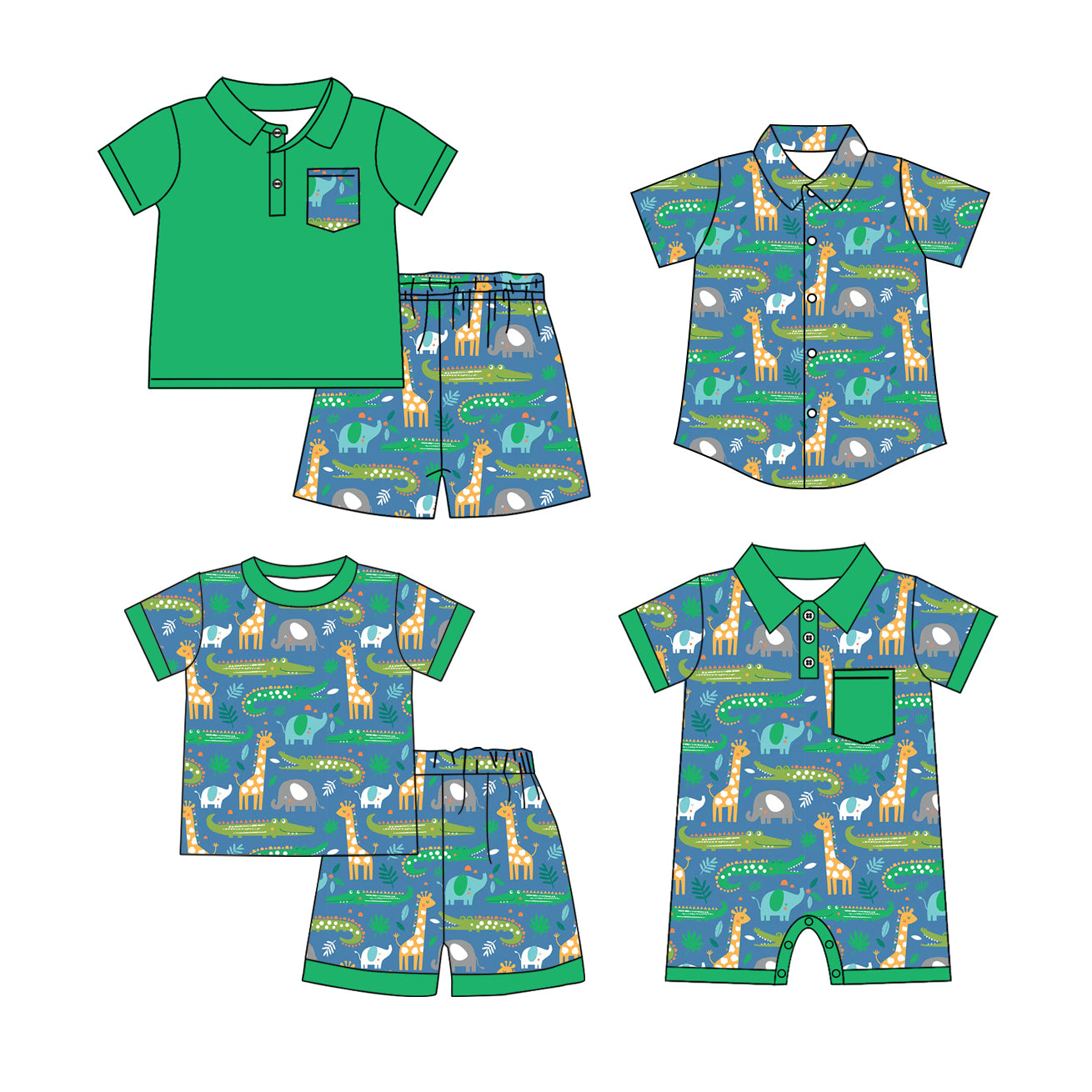 12.9(Custom Design Preorder MOQ 5 Each Design) Animals Green Print Boys Summer Matching Clothes Brothers Wear