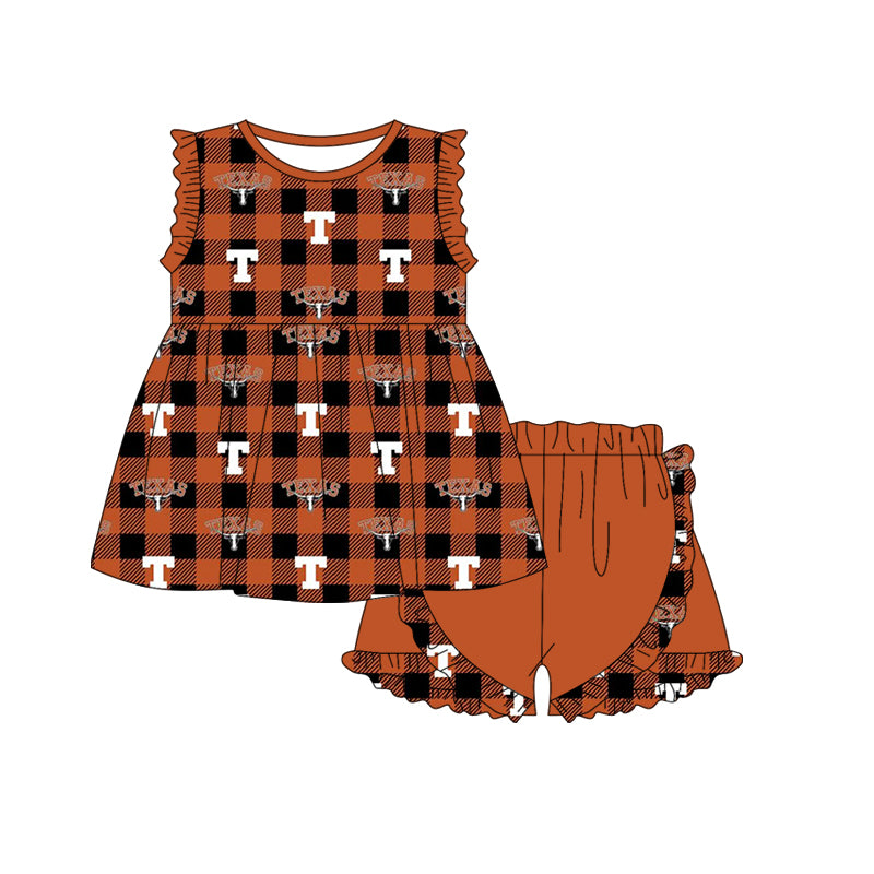 (Custom Design Preorder MOQ 5) Team's Texas Longhorns Plaid Print Girls Summer Clothes Set