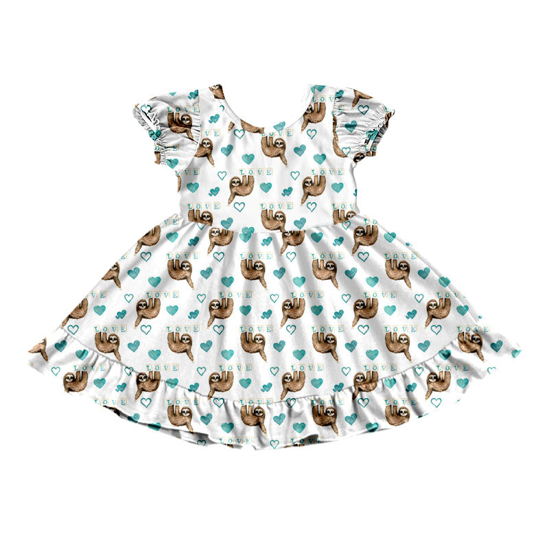 (Custom Design Preorder MOQ 5) Blue Sloth Love Heart Print Girls Valentine's Knee Length Dress