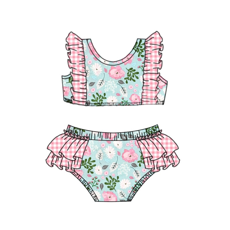 (Custom Design Preorder MOQ 5) Pink Flowers Print Girls 2 Pieces Swimsuits