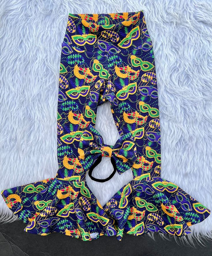 (Custom Design Preorder MOQ 5) Mask Print Girls Mardi Gras Bell Pants