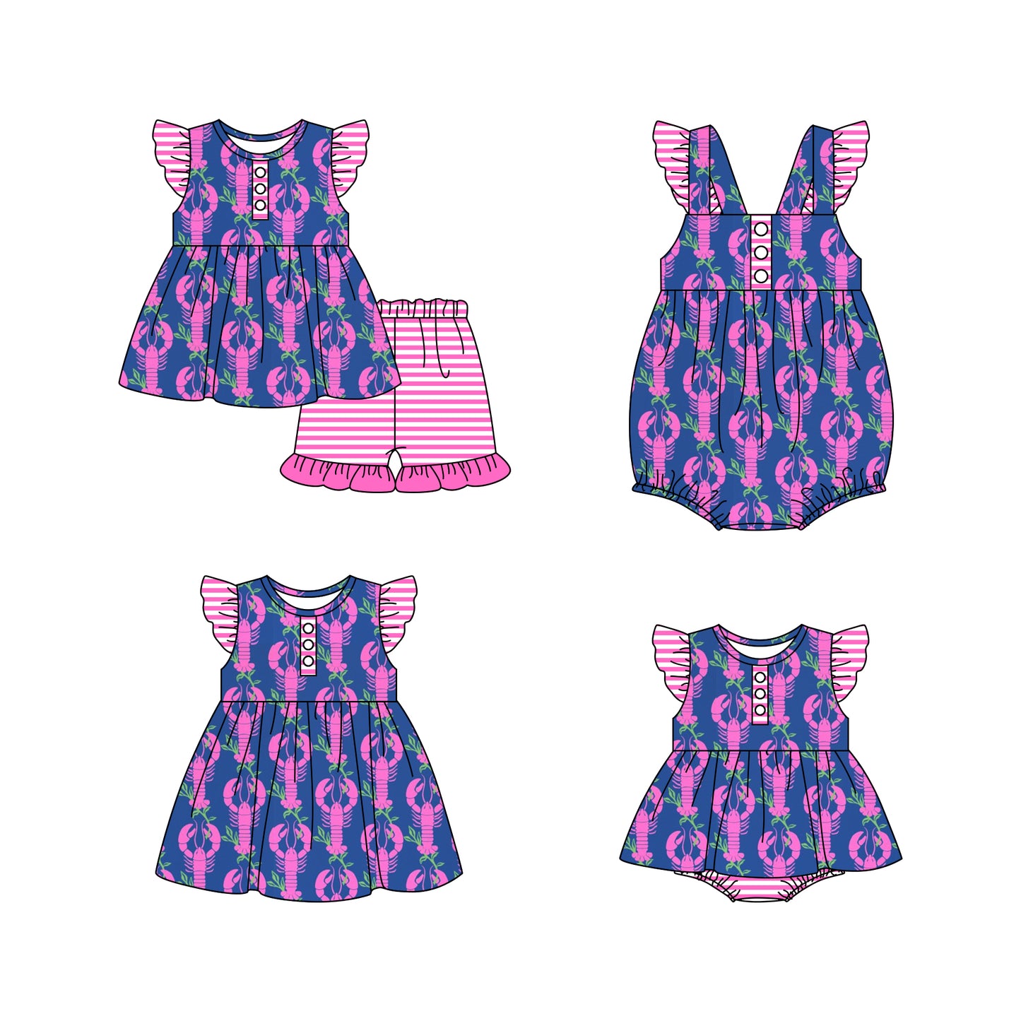 11.18(Custom Design Preorder MOQ 5 Each Design) Crayfish Print Girls Summer Matching Clothes Sibling Wear