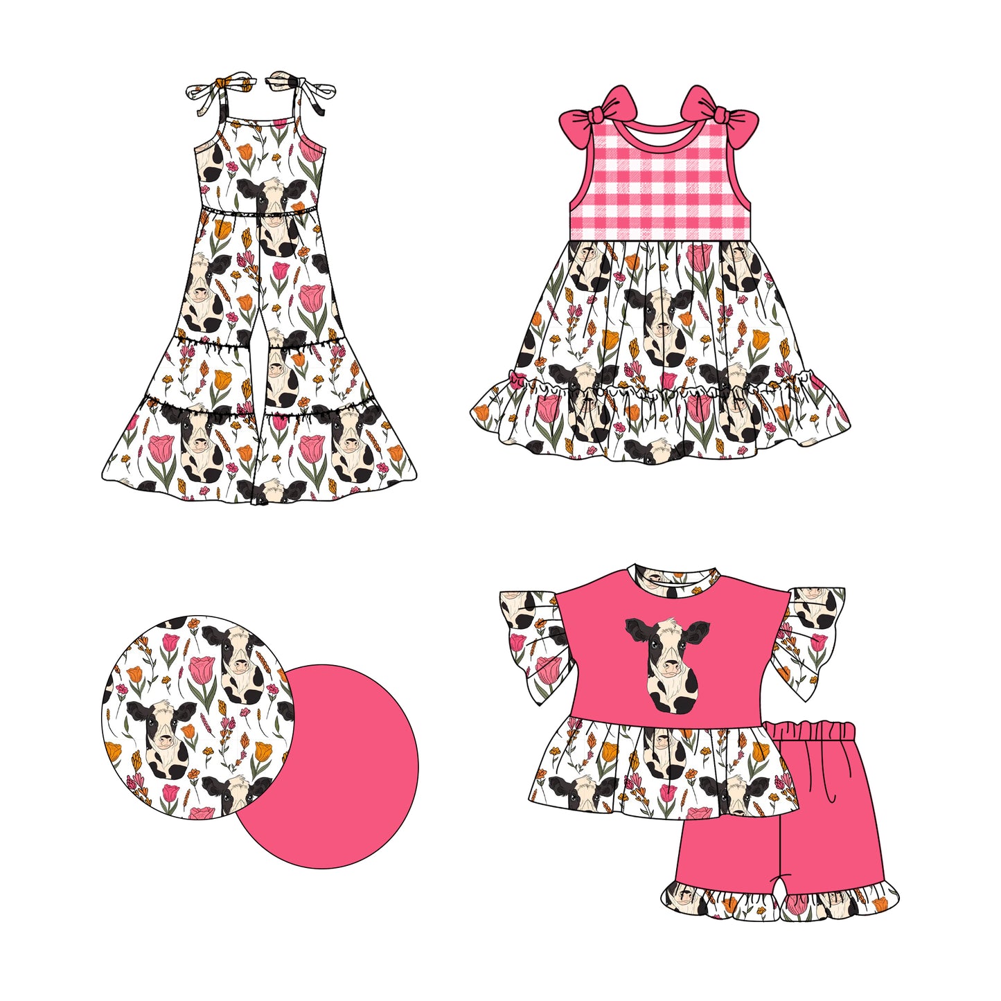 2.24(Custom Design Preorder MOQ 5 Each Design) Cows Flowers Print Girls Summer Matching Clothes Sisters Wear