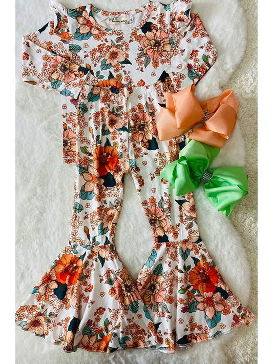 (Custom Design Preorder MOQ 5) Flowers Bell Pants Girls Fall Clothes Set