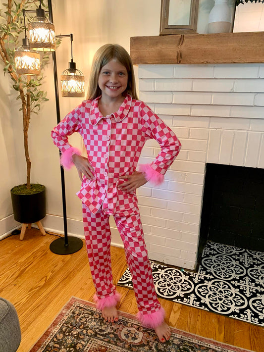 GLP1256-2 Hotpink Plaid Print Girls Fall Buttons Fur Pajamas Clothes Set