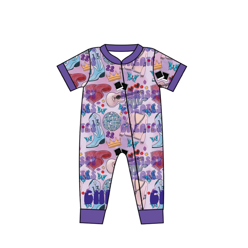 (Custom Design MOQ 5)NO.5 Purple Singer Design Baby Sleeper Zipper Romper