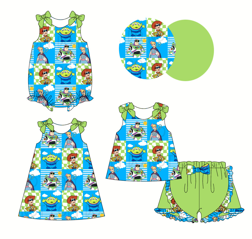 2.22(Custom Design Preorder MOQ 5 Each Design) Cartoon Toys Green Plaid Print Girls Summer Matching Clothes Sisters Wear