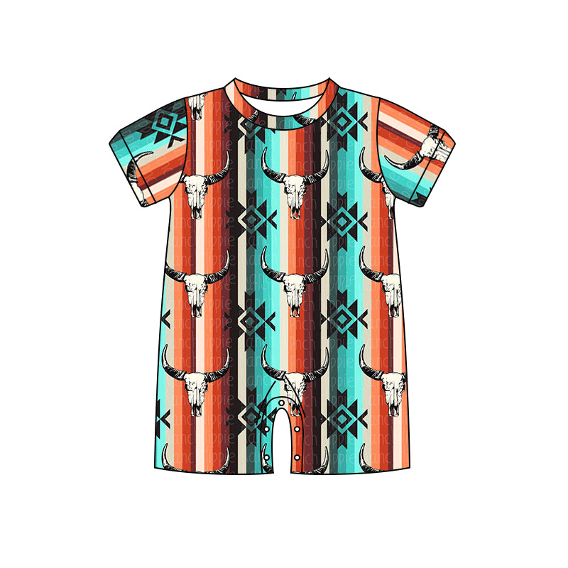 (Custom Design Preorder MOQ 5) Cow Skull Aztec Print Baby Boys Summer Western Romper