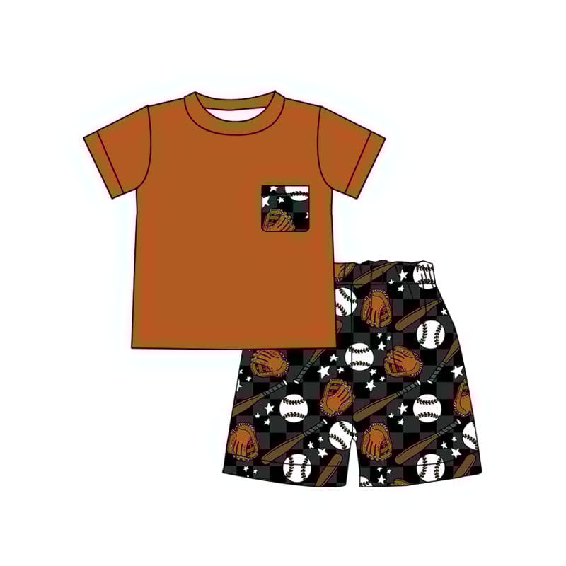 (Custom Design Preorder MOQ 5) Brown Pocket Top Baseball Shorts Boys Summer Clothes Set