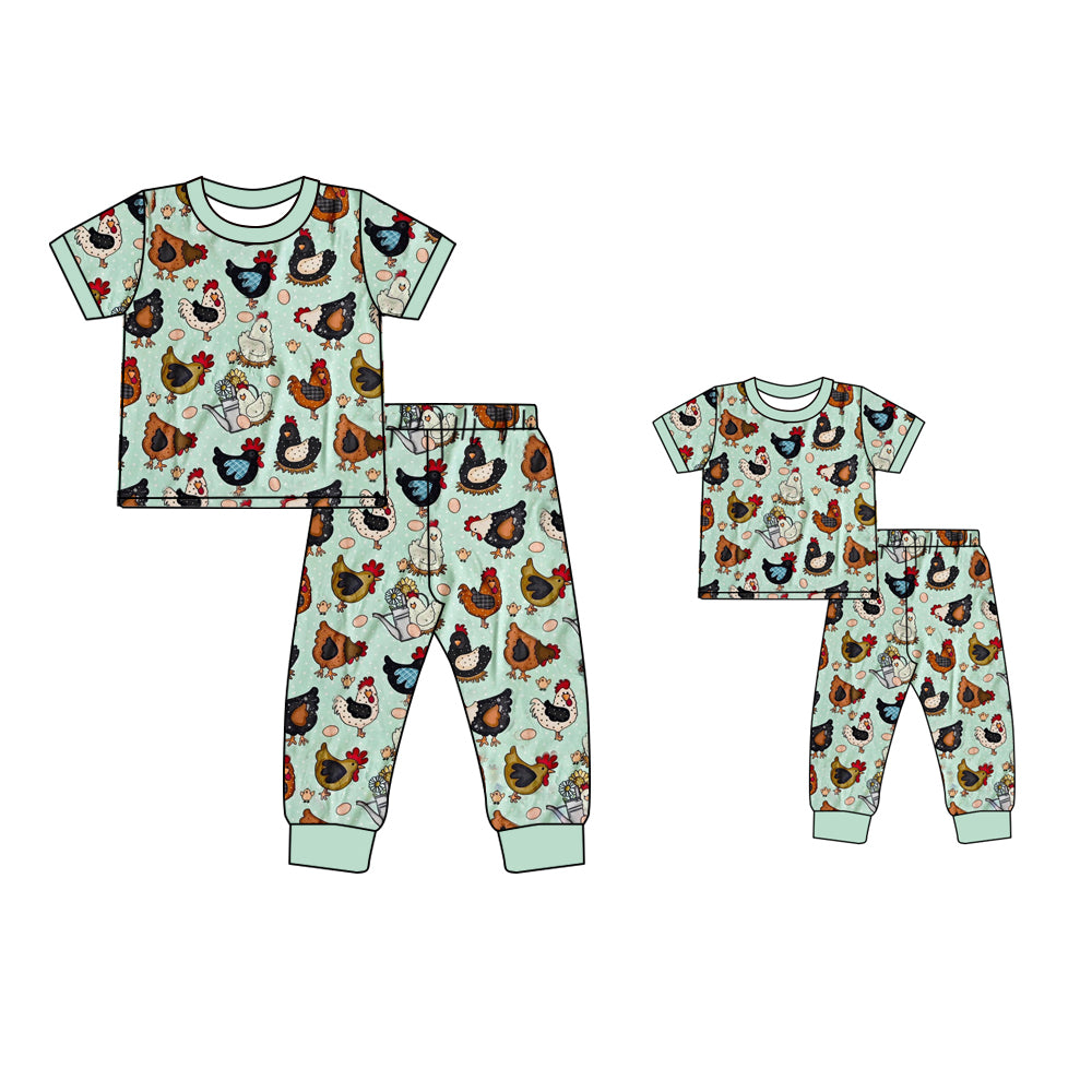 (Custom Design Preorder MOQ 5) Chicken Print Girls Pajamas Clothes Set