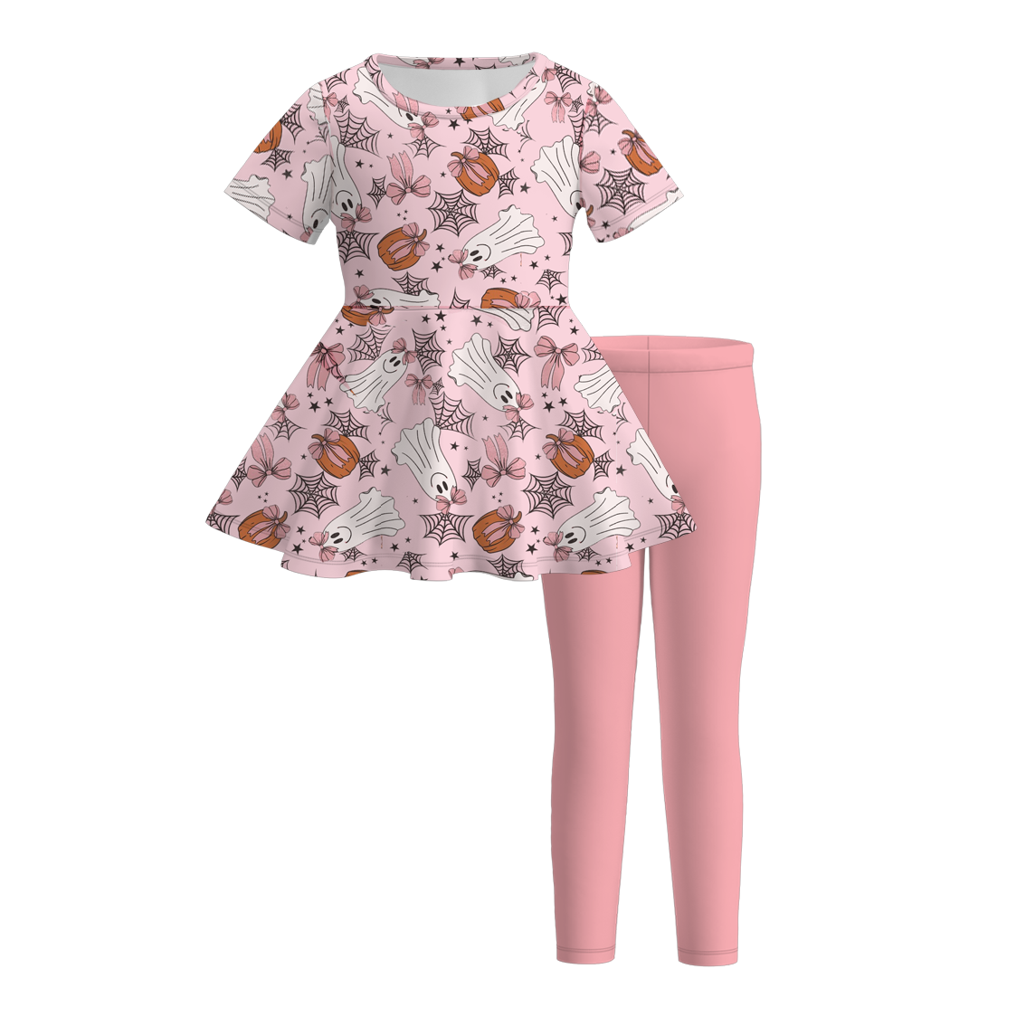 (Custom Design Preorder MOQ 5) Ghost Pumpkin Tunic Top Pink Pants Girls Halloween Clothes Set