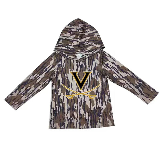 (Custom Design Preorder MOQ 5) Team Vanderbilt Dark Brown Camo Print Kids Long Sleeve Hoodie Top