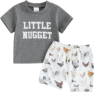 (Custom Design Preorder MOQ 5) Little Nugget Grey Top Chicken Shorts Boys Summer Clothes Set