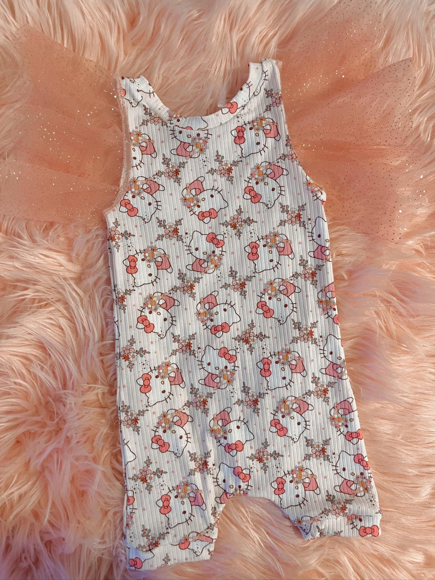 (Custom Design Preorder MOQ 5) Cartoon Cat Flowers Print Baby Girls Summer Ribbed Romper