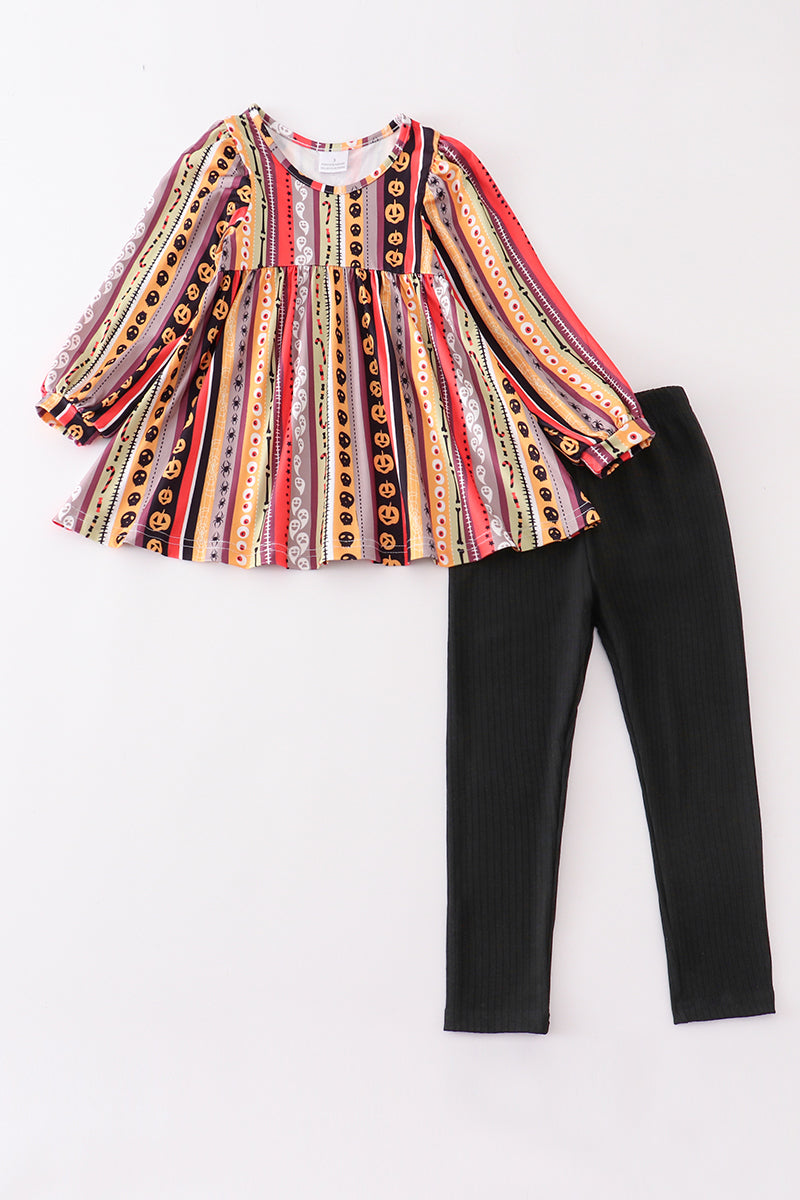 (Custom Design Preorder MOQ 5) Pumpkin Stripes Tunic Top Black Pants Girls Halloween Clothes Set