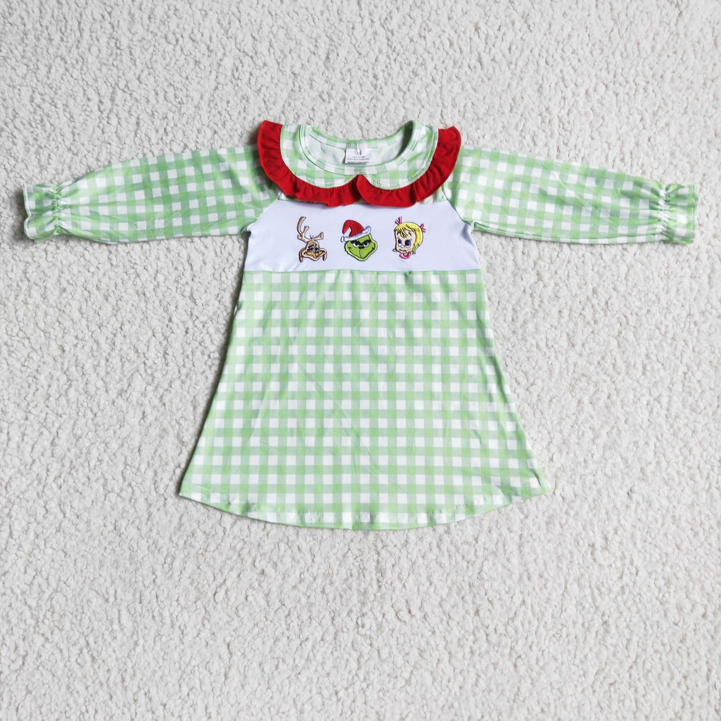 Green Frog Embroidery Plaid Print Sibling Christmas Matching Clothes