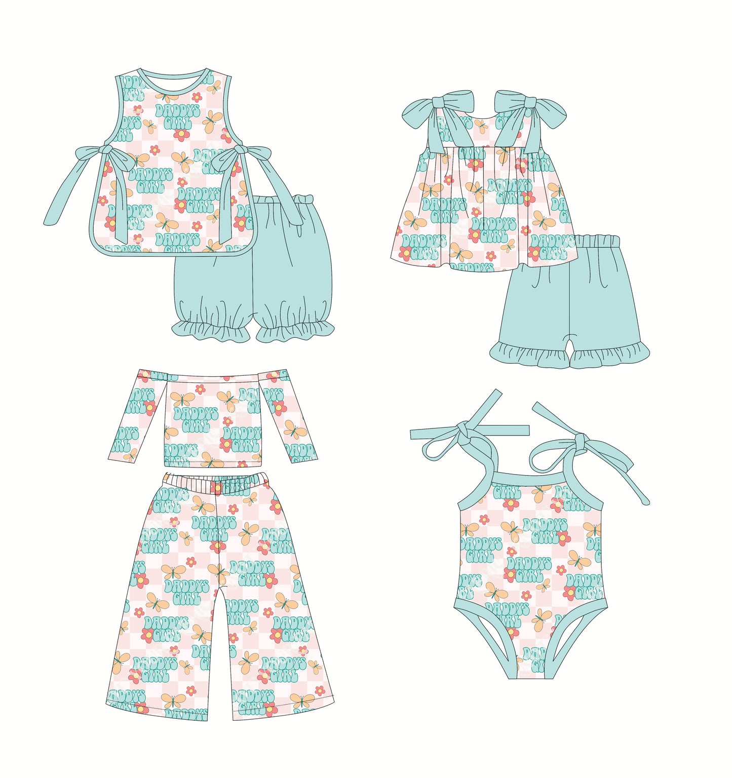 2.22(Custom Design Preorder MOQ 5 Each Design) Daddy's Girl Flowers Blue Print Girls Summer Matching Clothes Sisters Wear