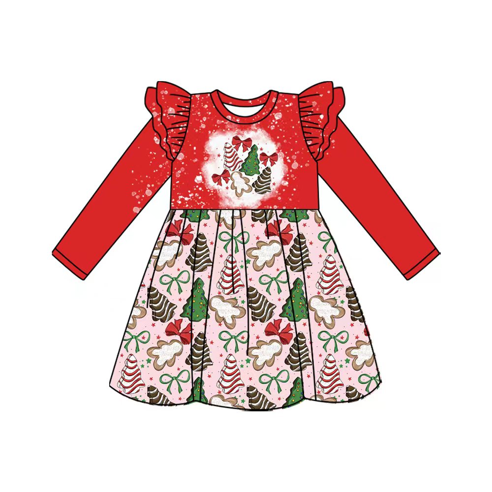 (Custom Design Preorder MOQ 5 Each Design) Cake Tree Bows Print Girls Christmas Matching Clothes Sisters Wear